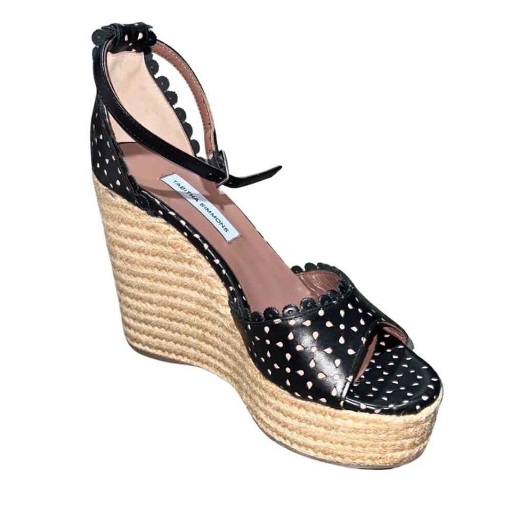 Tabitha Simmons Harp Espadrille Sandals Wedge Heel Black Laser Cut Size 7